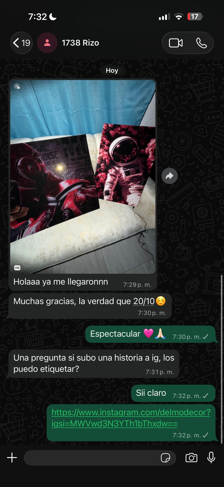 Conversación de WhatsApp de un cliente recibiendo su cuadro
